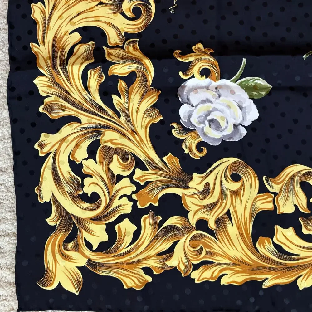 Jeannene Booher silk scarf large square satin brocade black gold & white floral